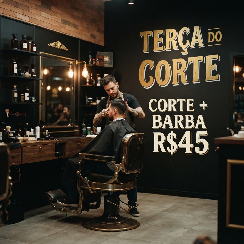 Cartaz de barbearia: Terça do Corte, corte mais barba por R$45
